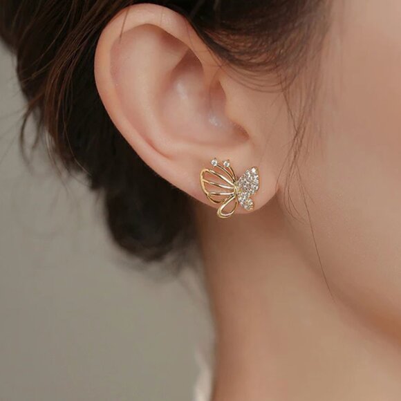 Elegant Gold OR Silver Color Cubic Zircon Butterfly Stud Earrings - Picture 8 of 9